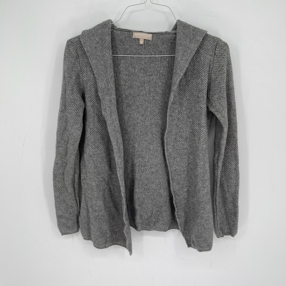 Benedetta B Women's Gray Merino Cashmere Hooded Open Front Cardigan Size M